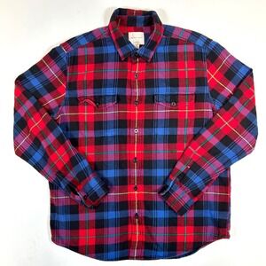 American Eagle Mens L Classic Fit Plaid Flannel Shirt Red Blue Black Cotton Y2K